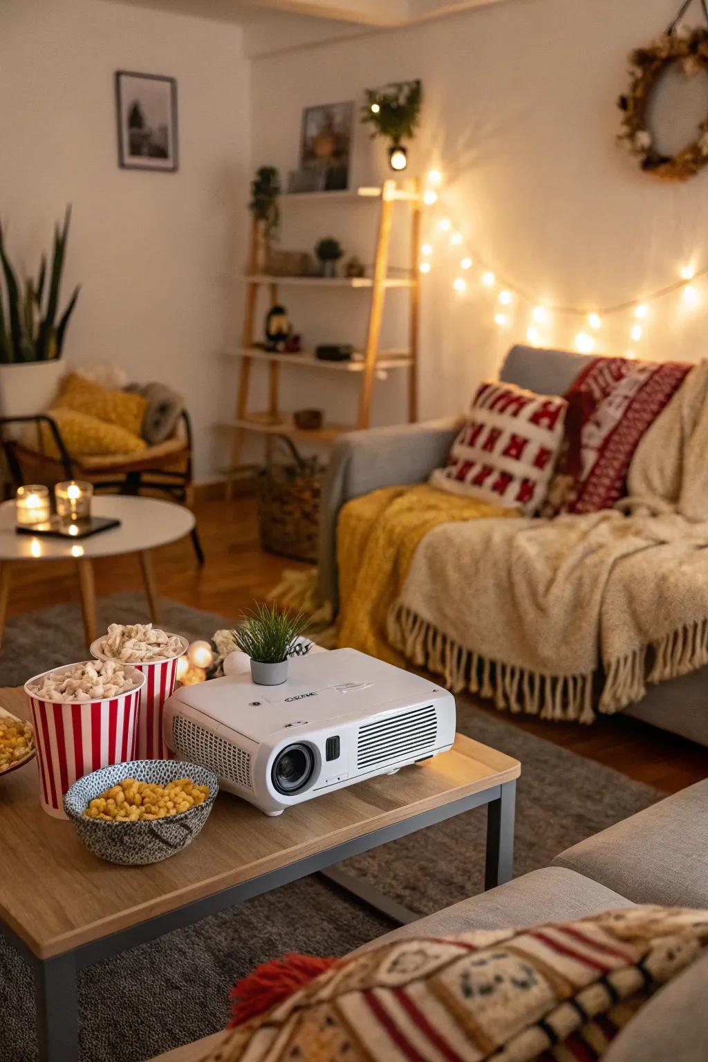 A cozy movie night brings friends together for a birthday film fest.