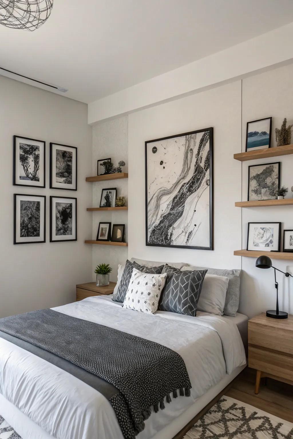 A bedroom decorated with black and grey abstract art pieces.