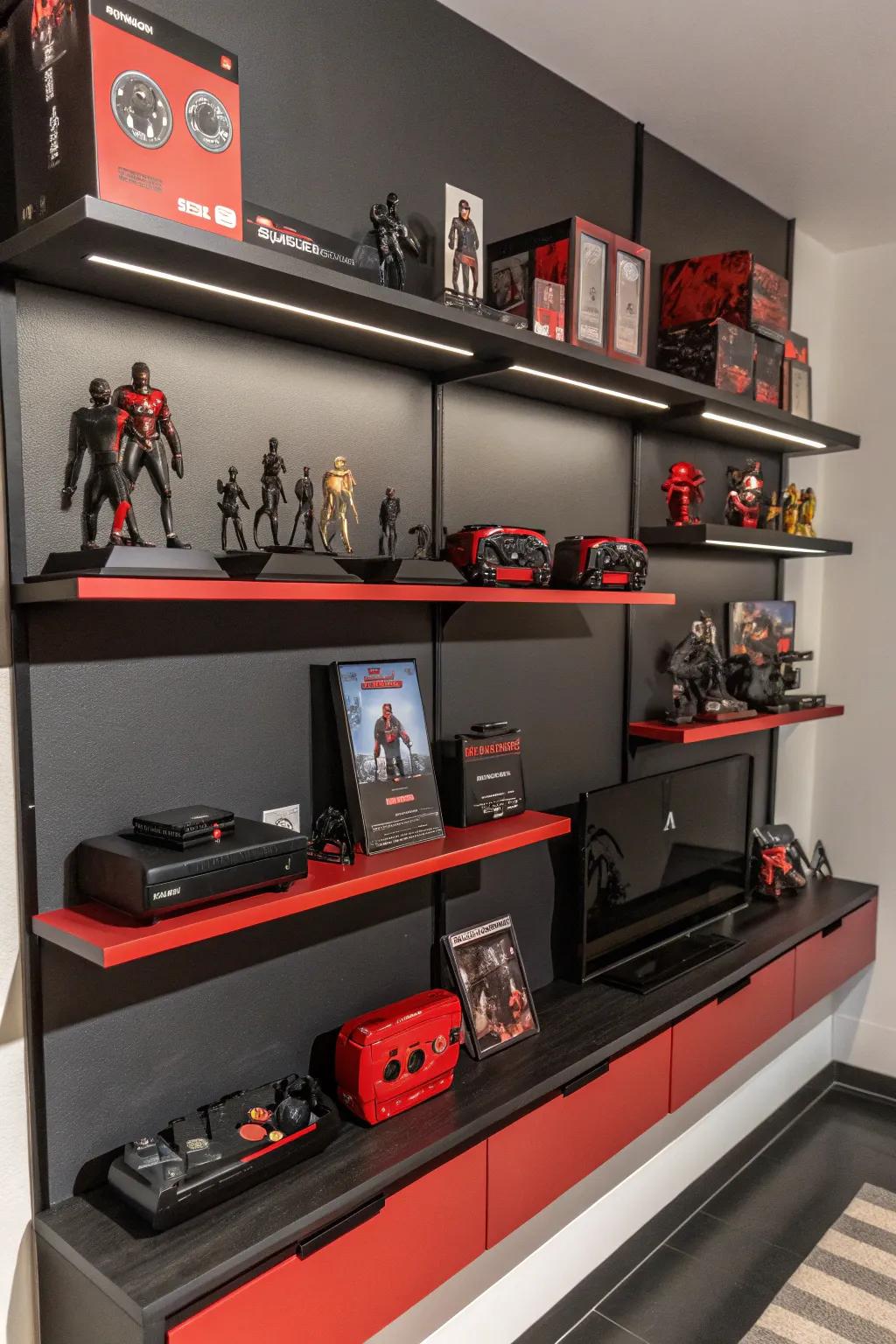 Floating shelves in black and red are perfect for displaying gaming collectibles.