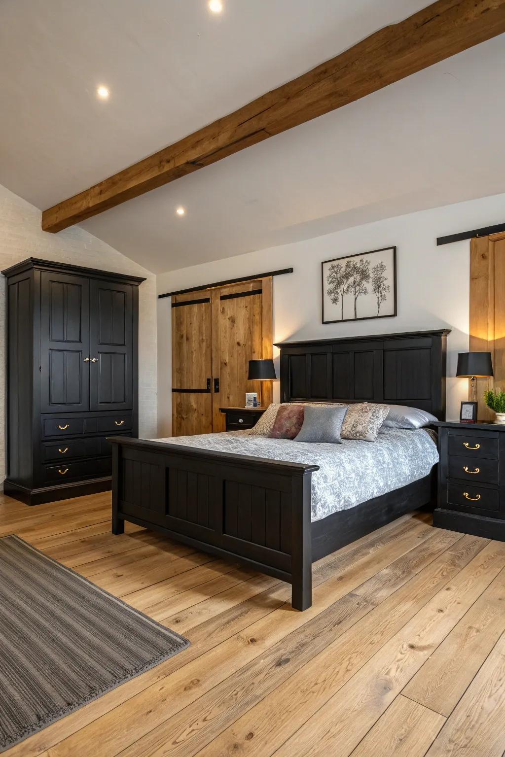 Natural wood elements bring warmth to this black-themed bedroom.