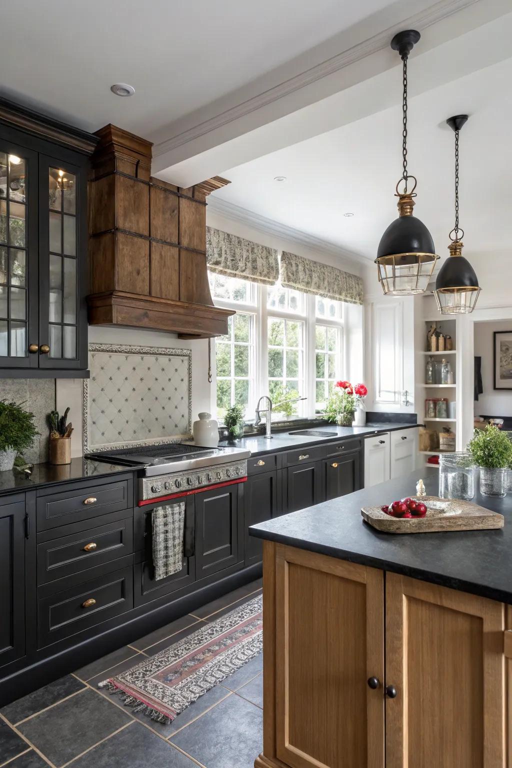 Modern and traditional styles blend with black countertops.