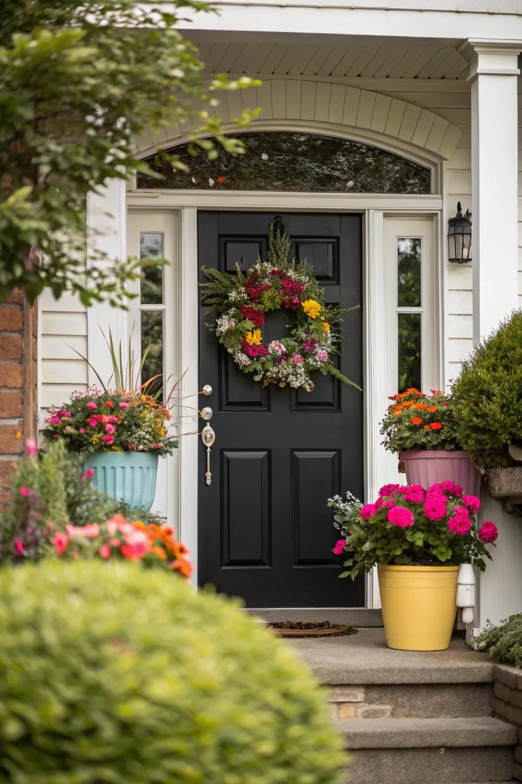 A vibrant wreath and colorful planters add personality to a black door with white trim.