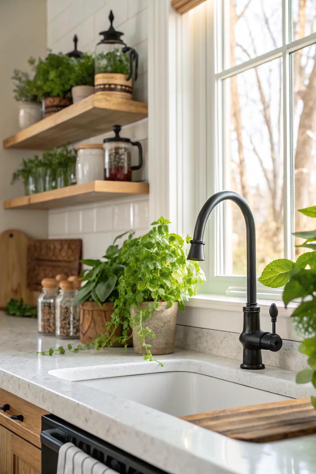 Decorative elements integrate seamlessly with the black faucet in this inviting kitchen.