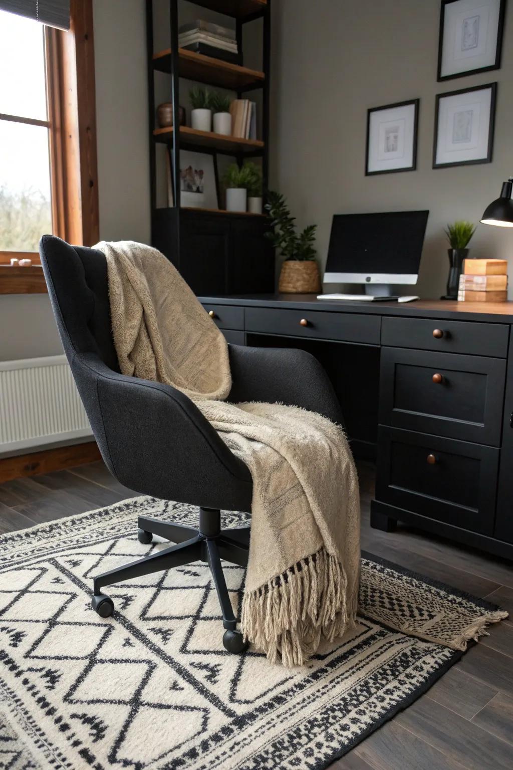 Rugs and textiles create a cozy and inviting black office environment.