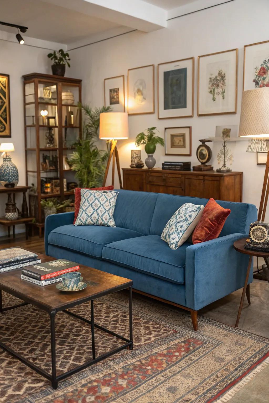 A blend of modern and vintage styles around a blue couch.