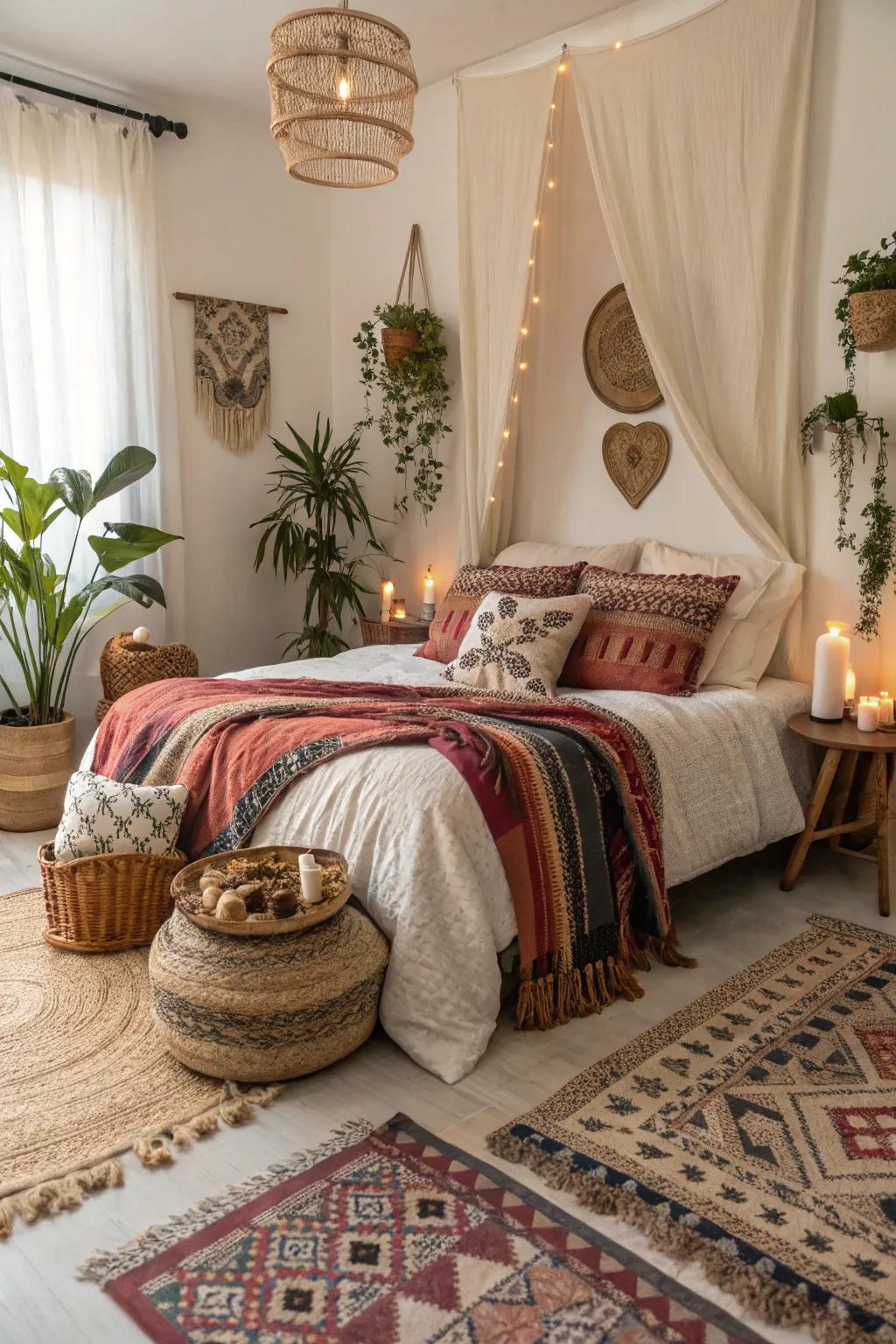 An eclectic mix of styles and textures gives this boho bedroom a unique feel.