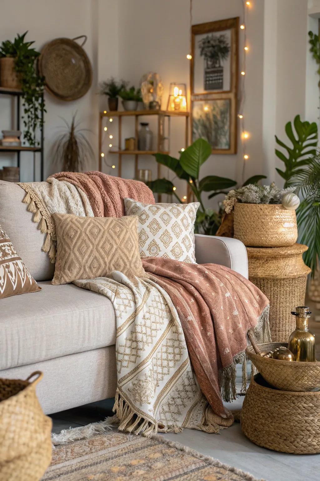 Textured throws add warmth and comfort to the boho glam space.