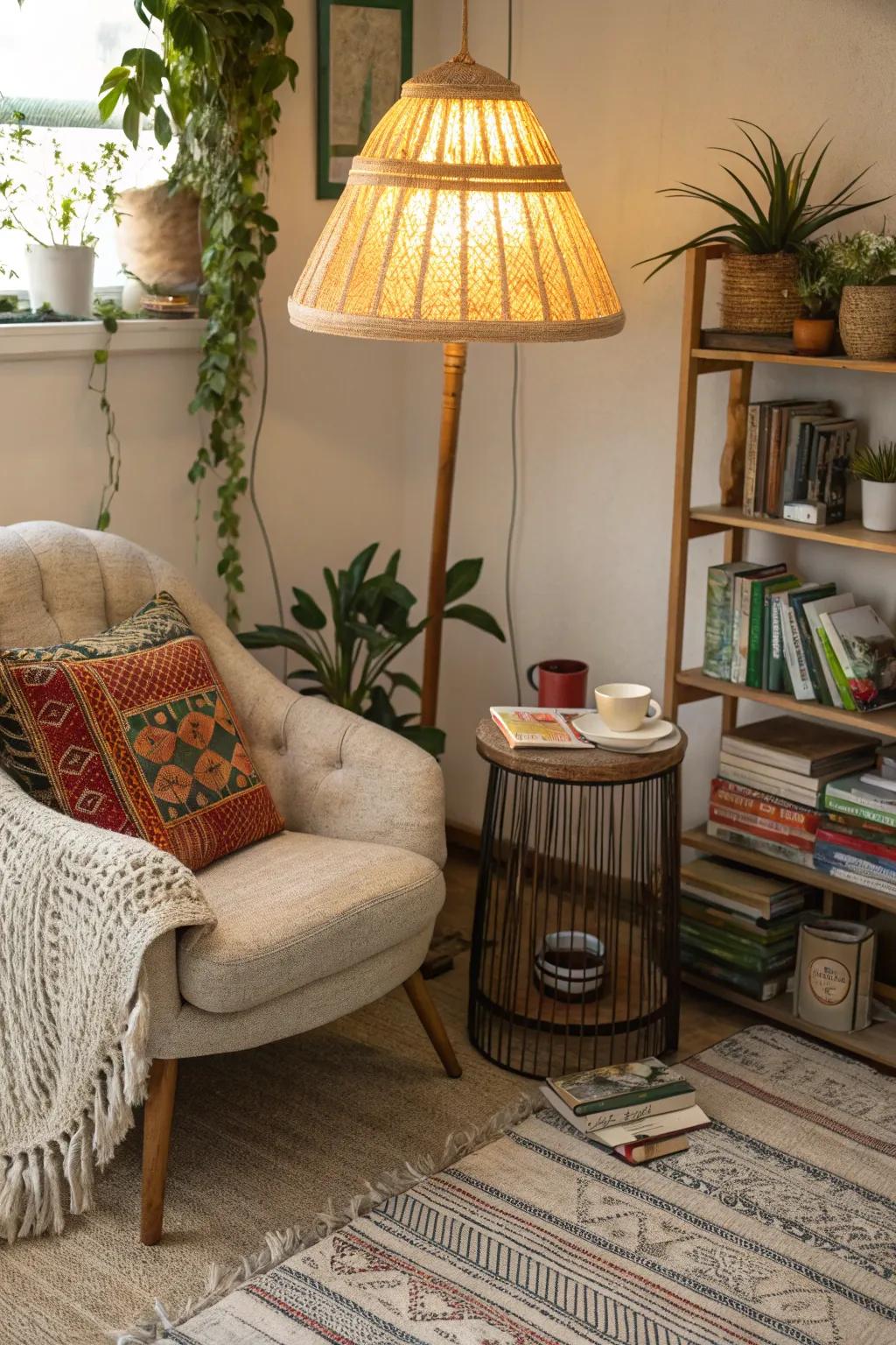 A natural fiber lampshade bringing warmth to a reading nook.