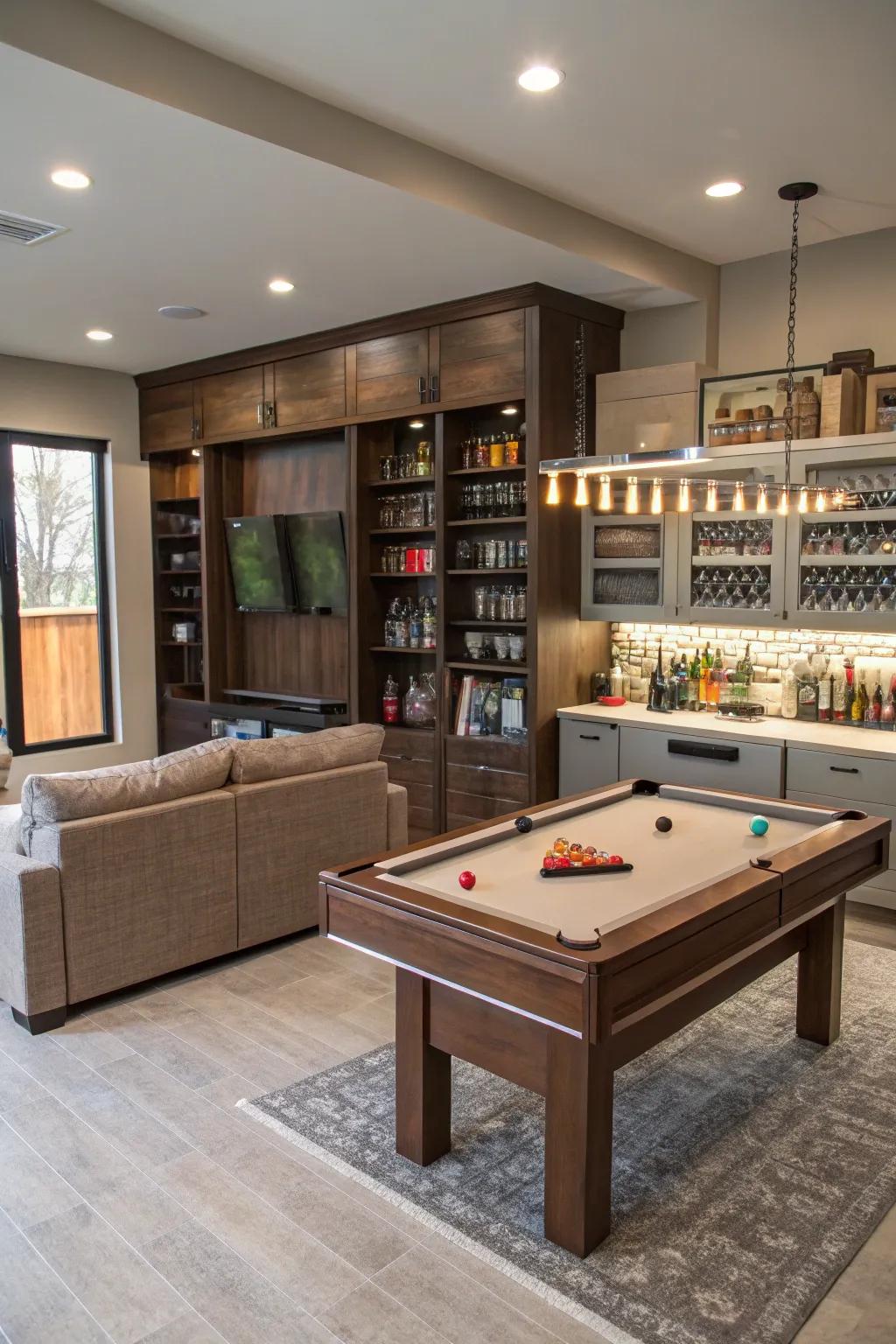 Maximize space with multifunctional furniture in your game room.