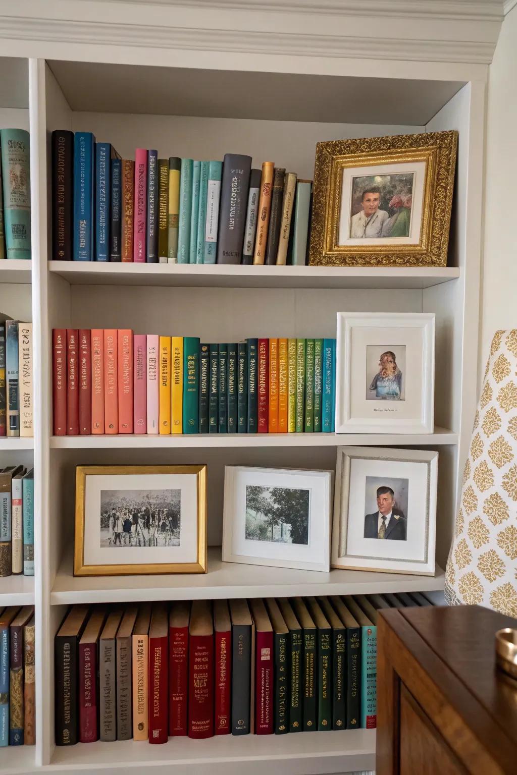 Artwork and photos add a personal touch to a bookshelf display.