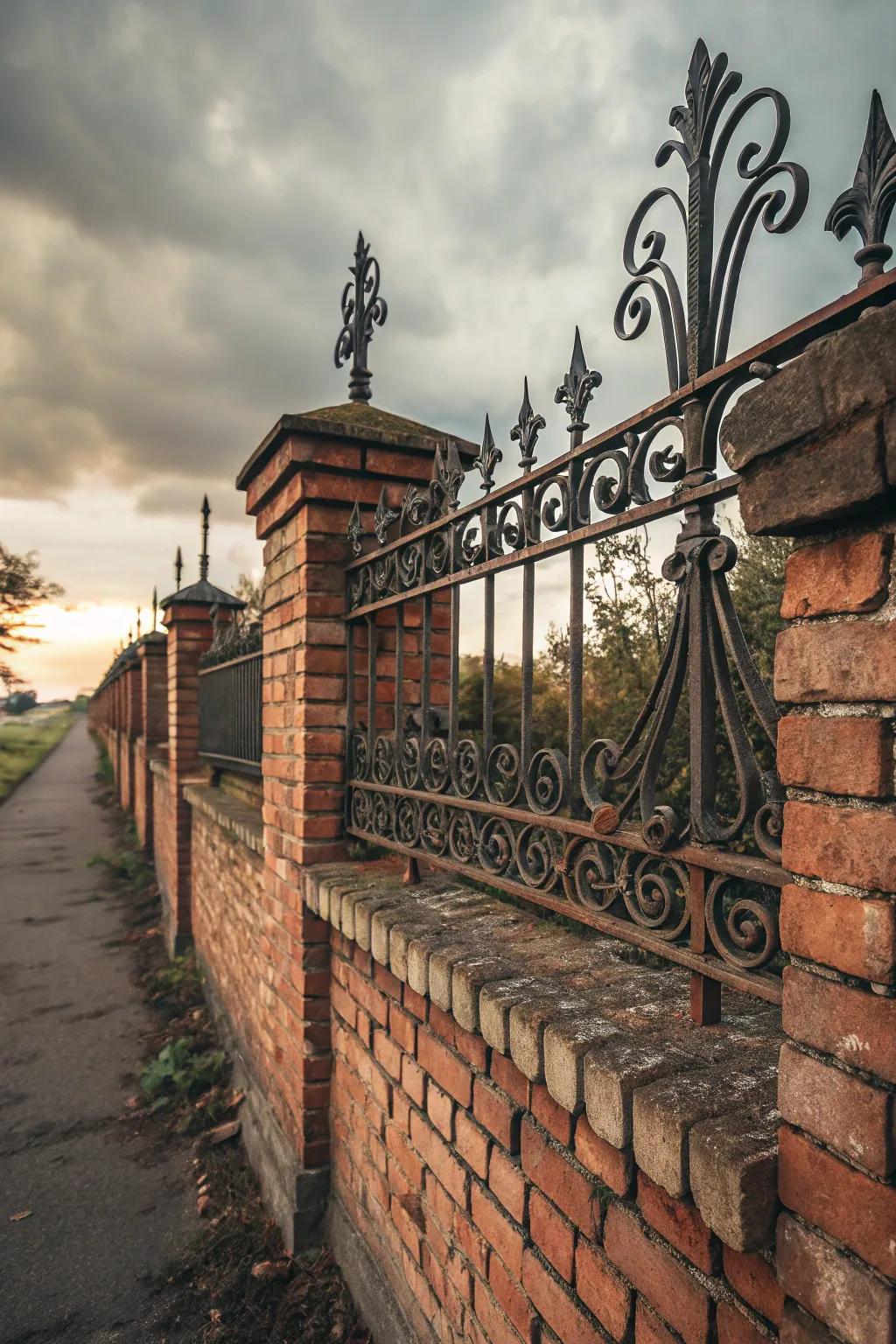 Ornate ironwork enhances the fence's elegance.