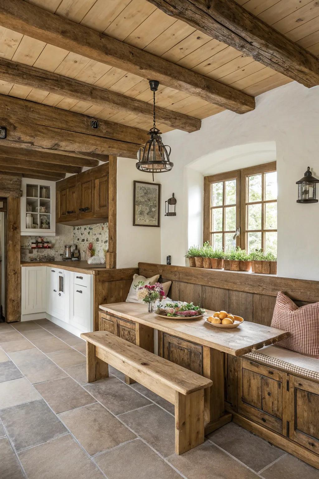 Infuse rustic warmth with wooden bench seating.