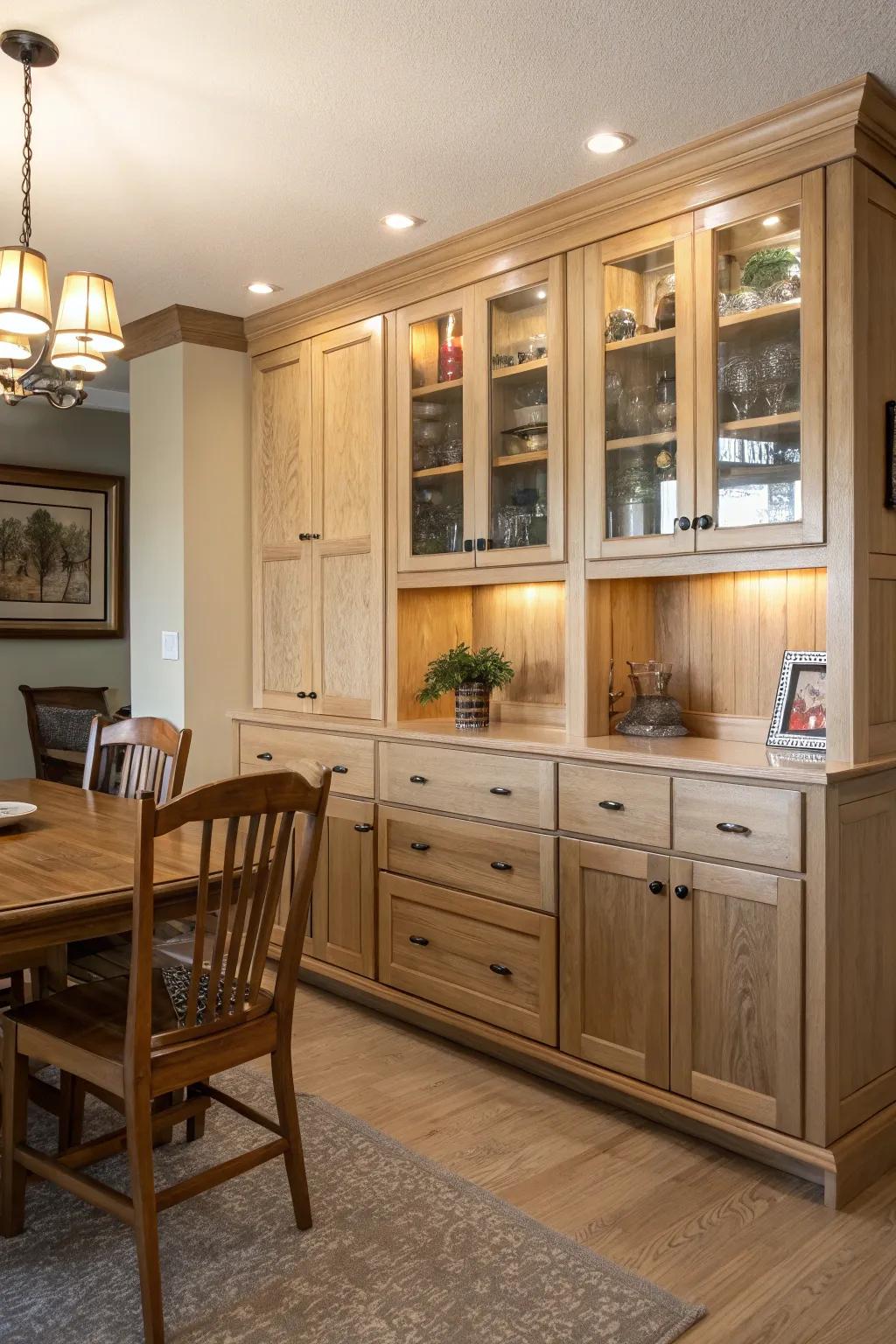 Functional built-in cabinets with practical features like pull-out drawers.