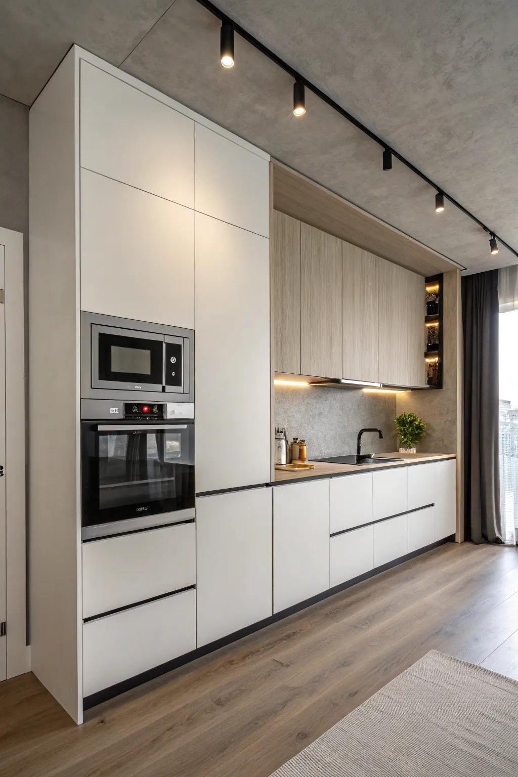 A minimalist kitchen with a seamlessly integrated microwave.