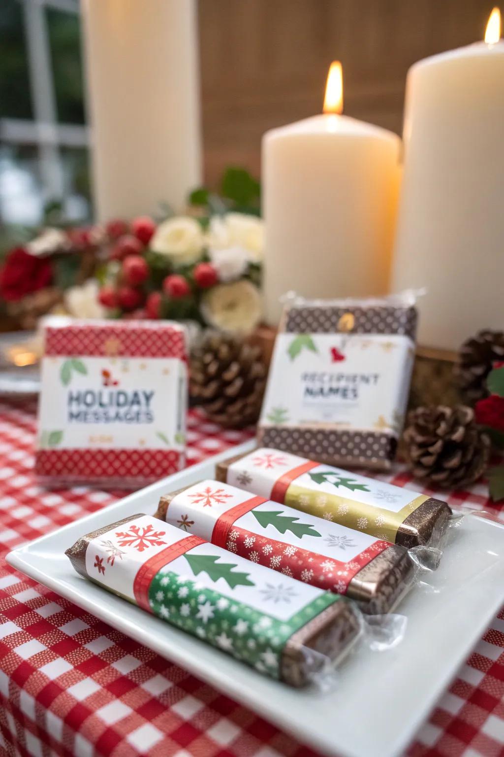 Candy bars with personalized labels add a heartfelt touch to holiday gifting.