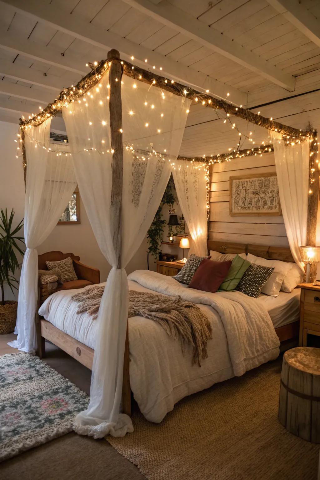 String lights illuminate a canopy bed, creating a magical effect.