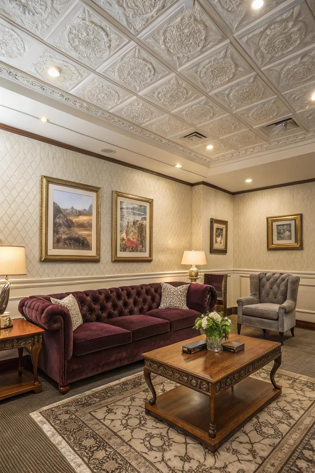 A room with textured ceiling tiles adding sophistication.