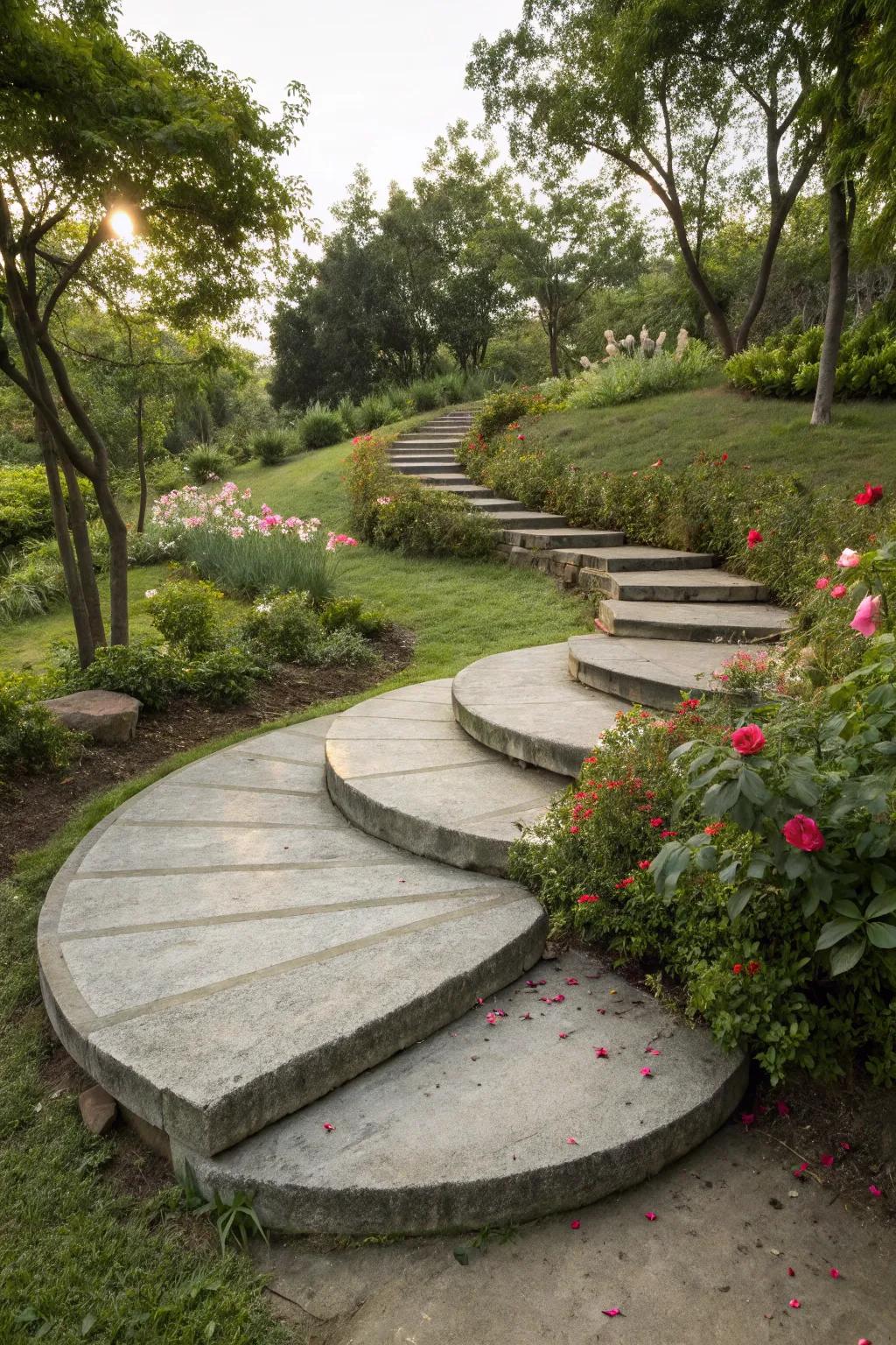 Round concrete steps that bring creativity to garden paths.