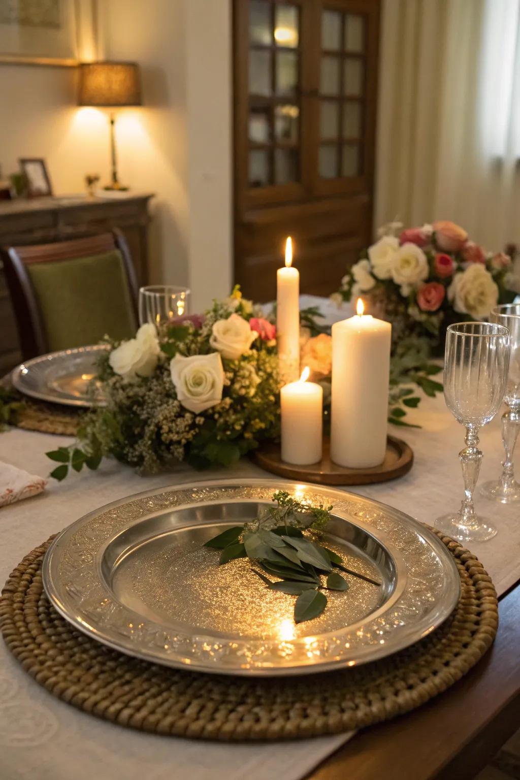 Glamorous shine with a metallic platter centerpiece base.