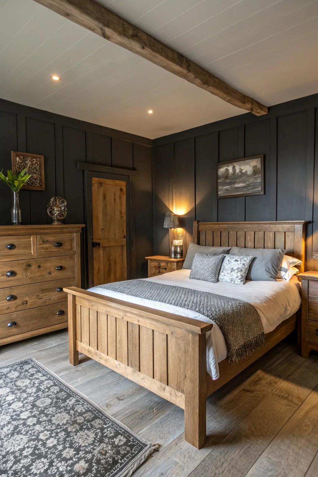 Rustic elements add warmth to a charcoal-themed bedroom.