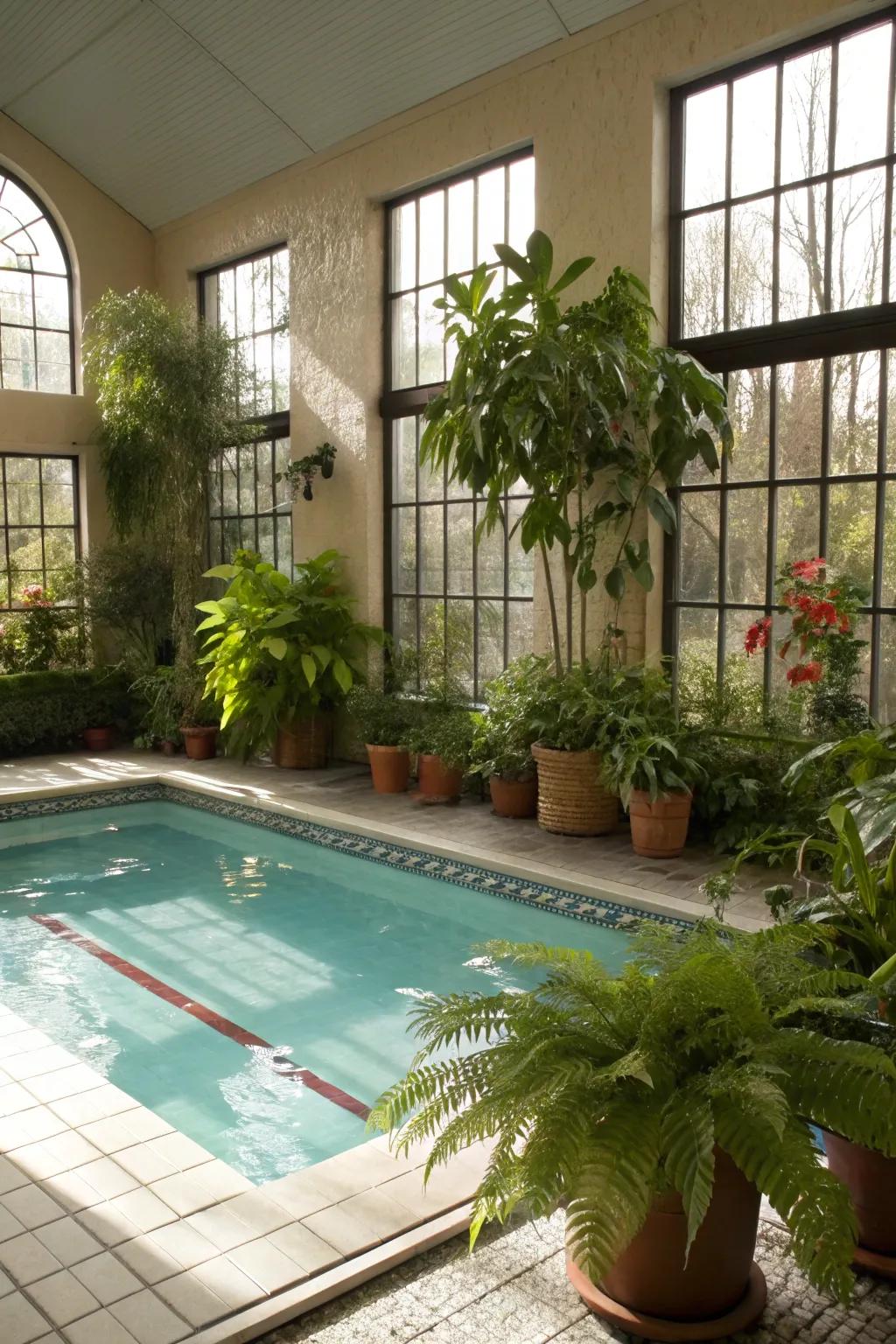 Greenery breathes life into your indoor pool environment.