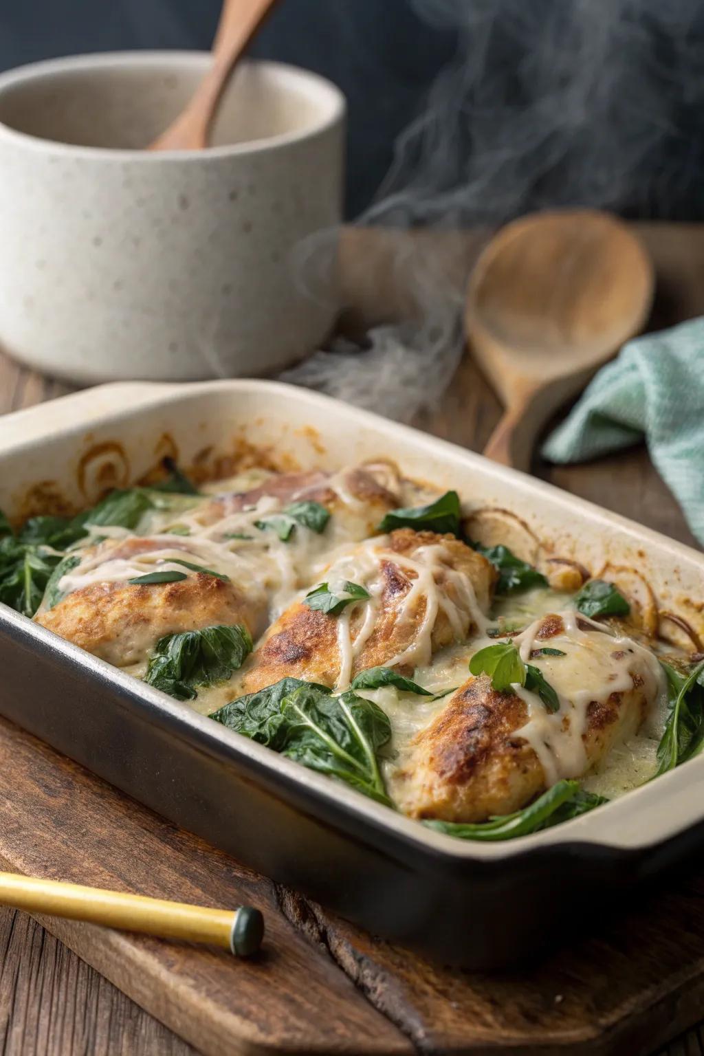 Baked chicken with spinach and cheese, a cozy delight.