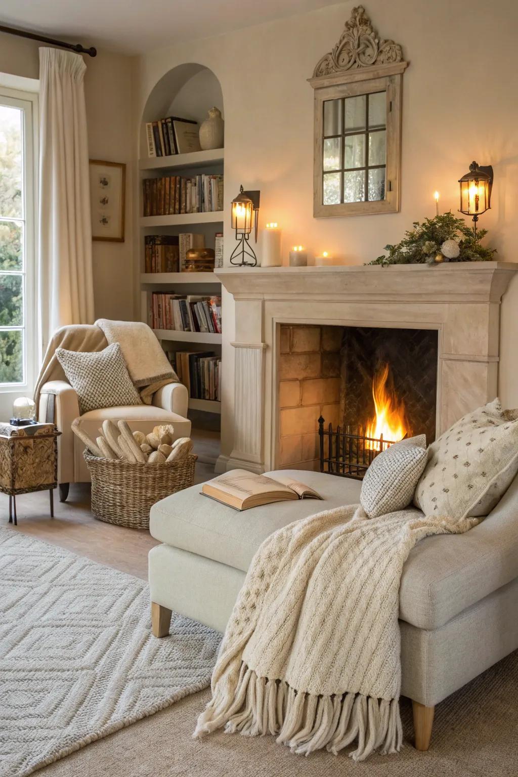 Soft beige creates a calming and cozy atmosphere in this living area.