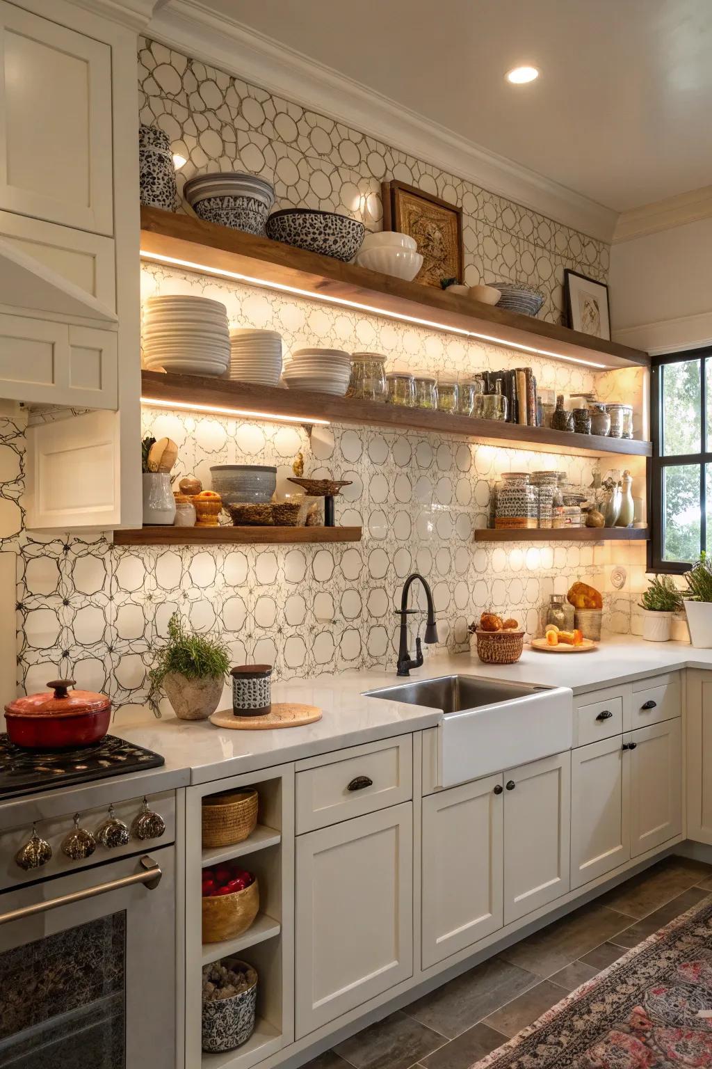 Open shelving adds functional elegance to this classic kitchen.