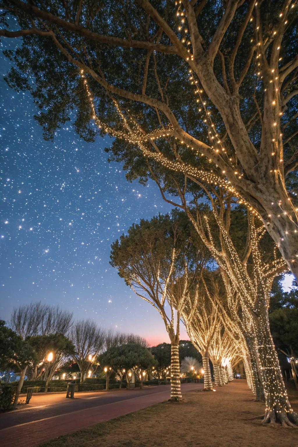 Enchanting twinkling tree canopy with LED lights.