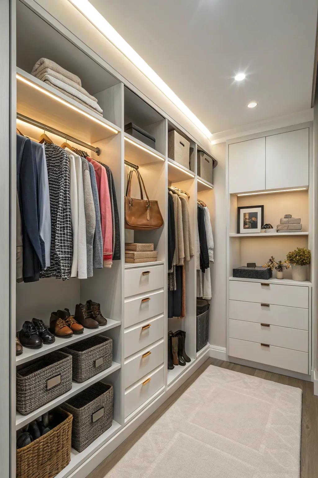 Customizable shelving adapts to your ever-changing wardrobe needs.