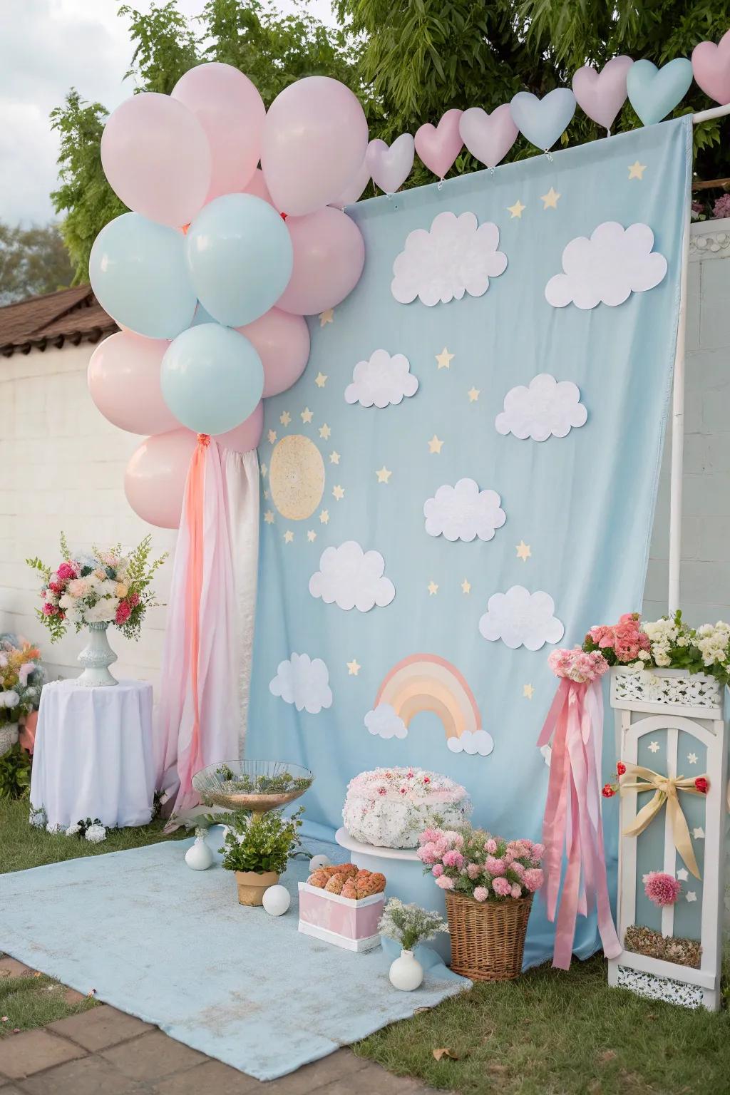 A cloud-themed backdrop creates the perfect photo opportunity, capturing memorable moments.