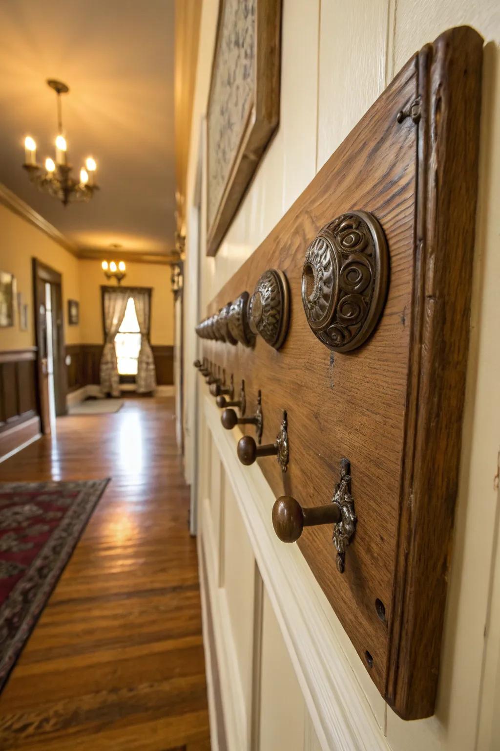 A coat rack crafted from antique door knobs, perfect for a nostalgic touch.