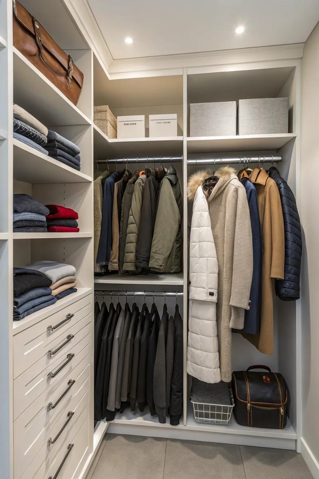 A closet maximized for efficient coat storage.