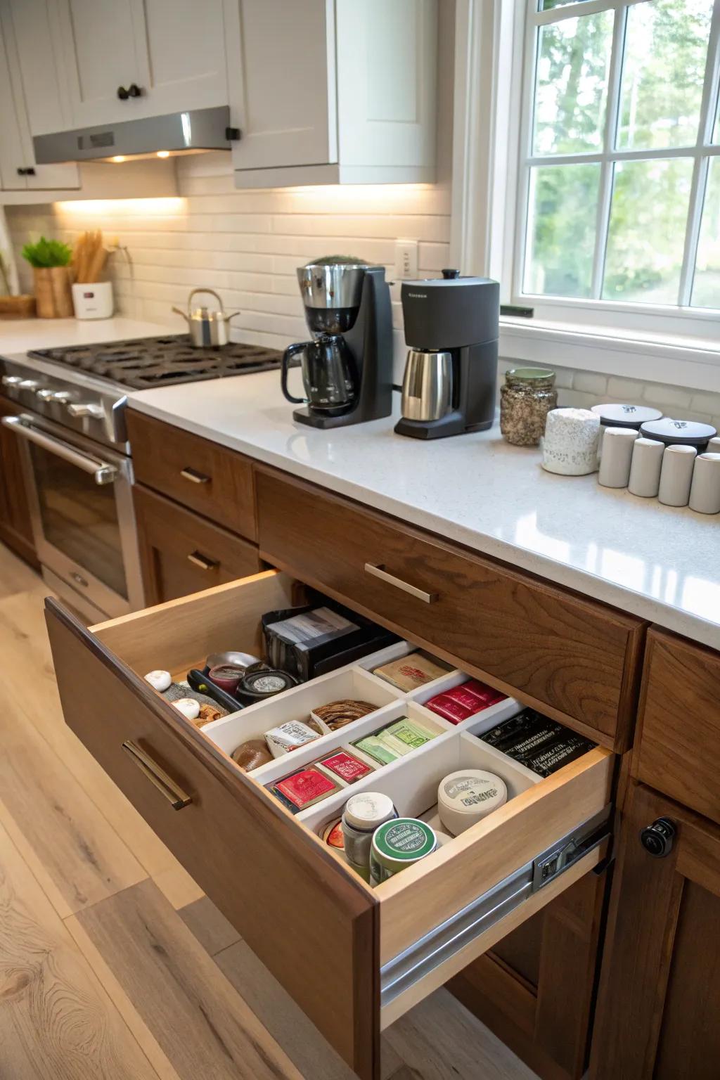 A hidden drawer design maintains a clean kitchen look.