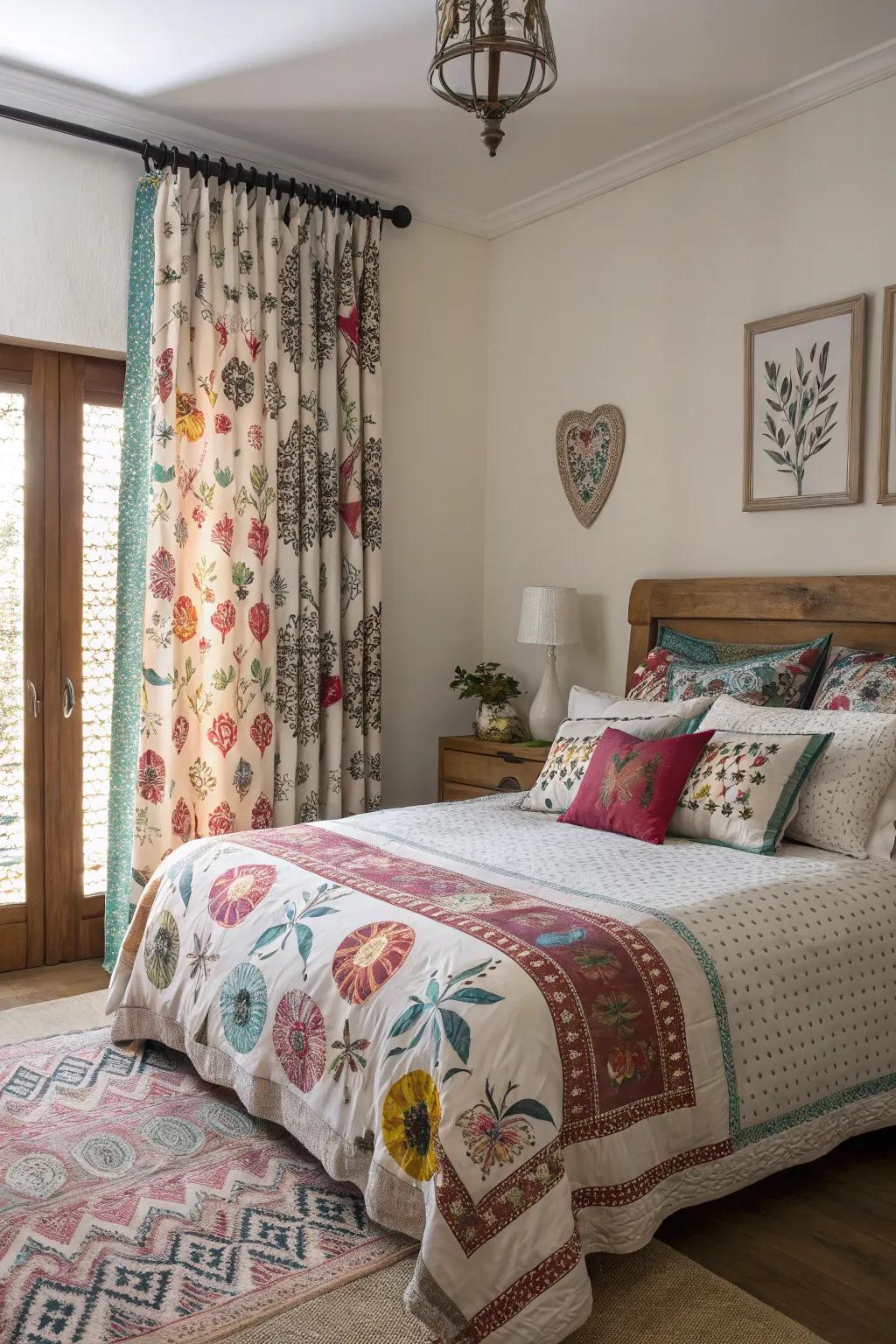 A mix of patterns and prints adds personality to this bedroom.