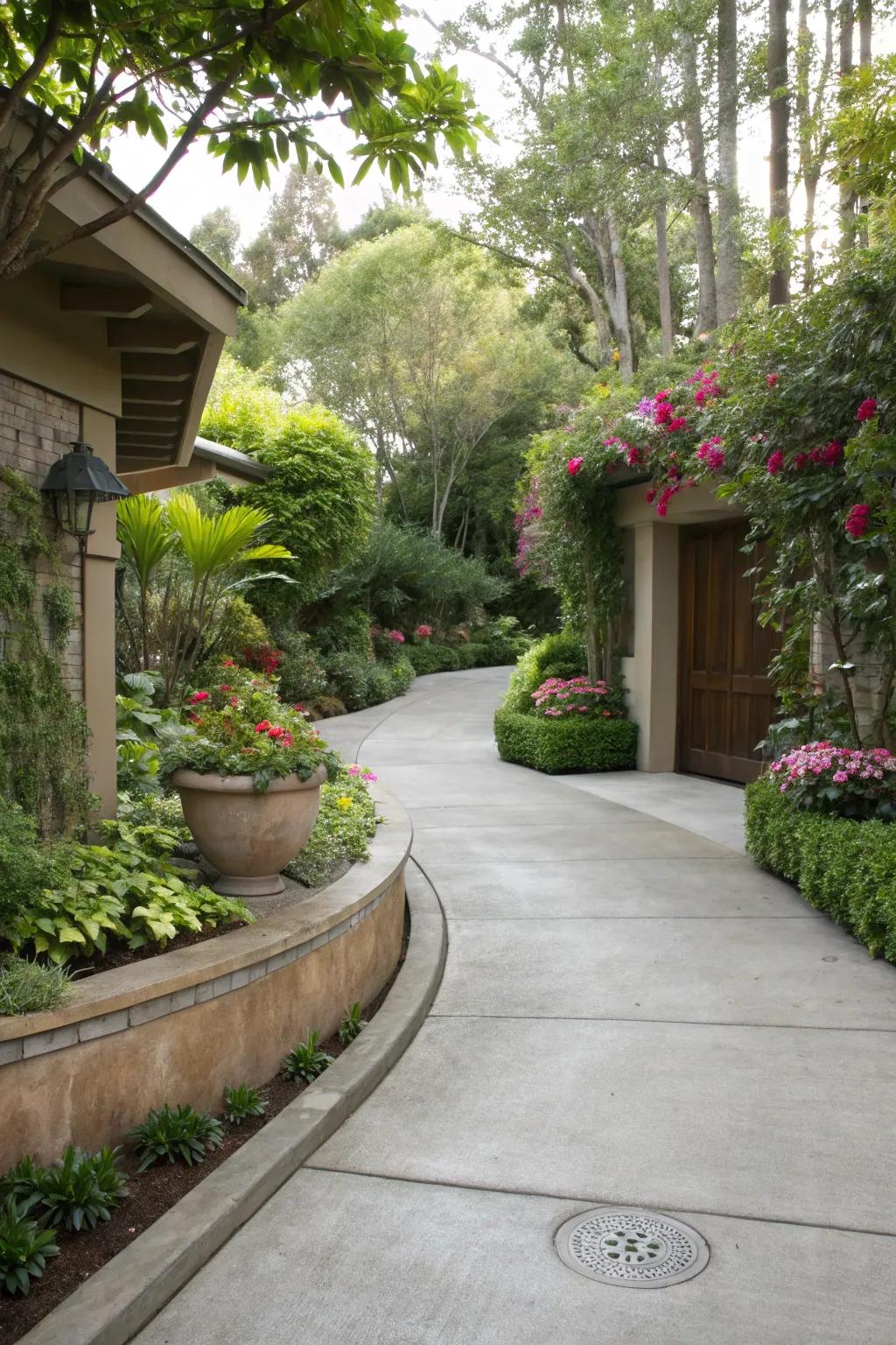 Landscaping elements that beautifully frame this concrete driveway.