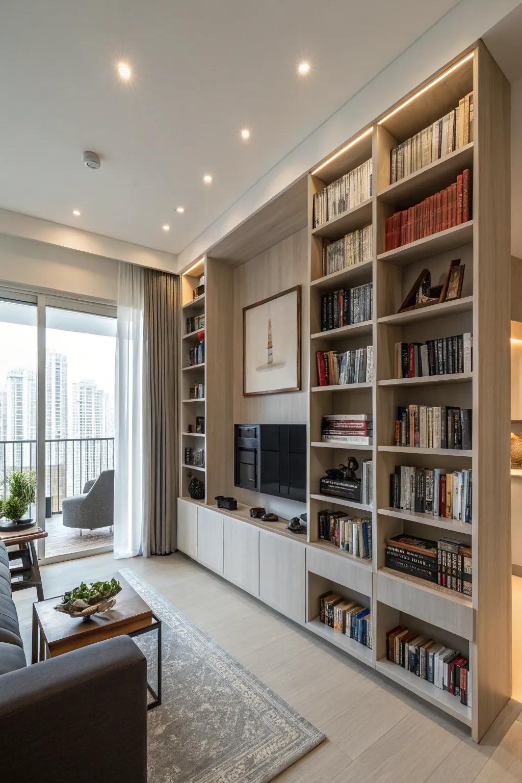 Vertical storage maximizes space efficiently.