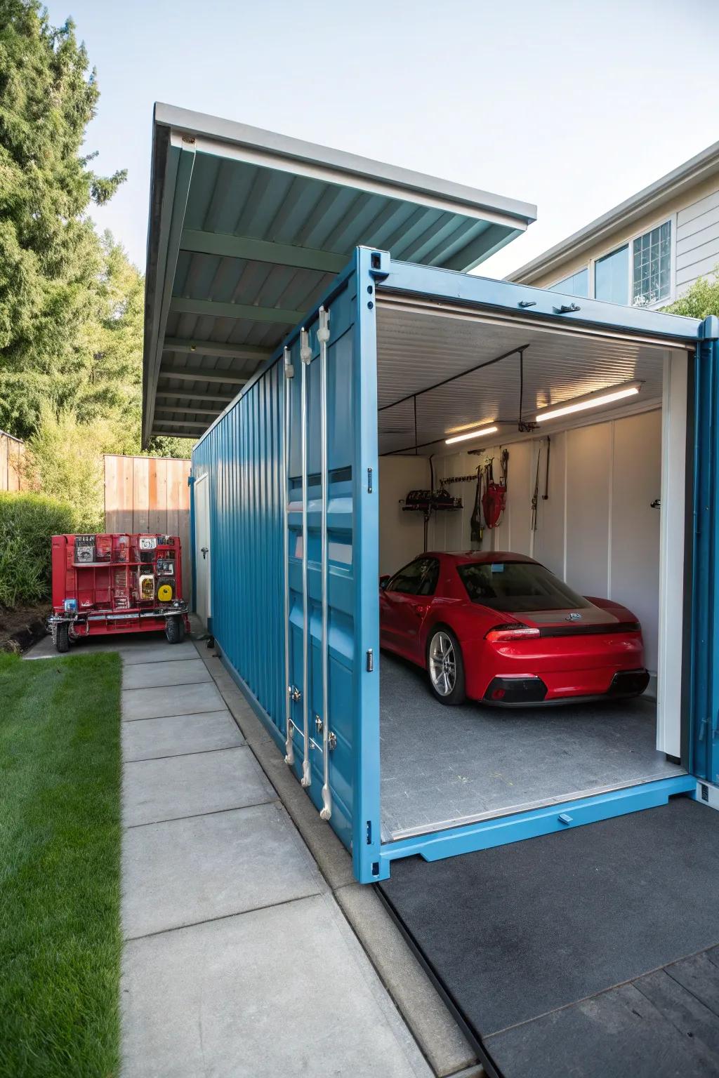 Turn a shipping container into a practical garage solution.