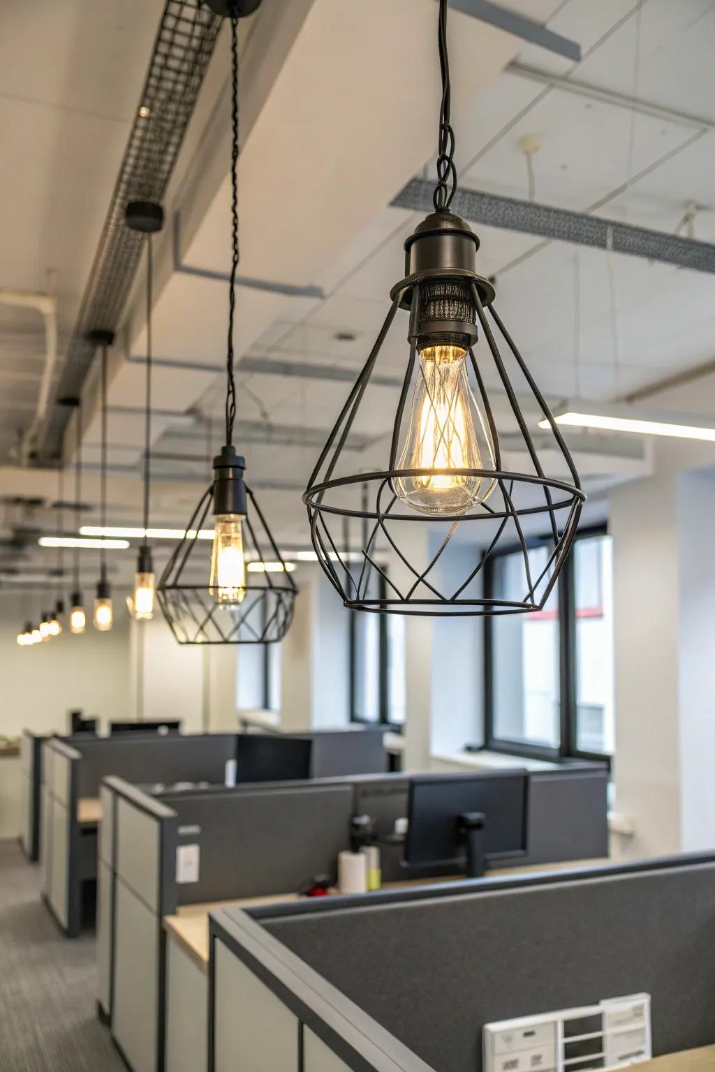 Industrial-style lighting fixtures providing ample light in an office.