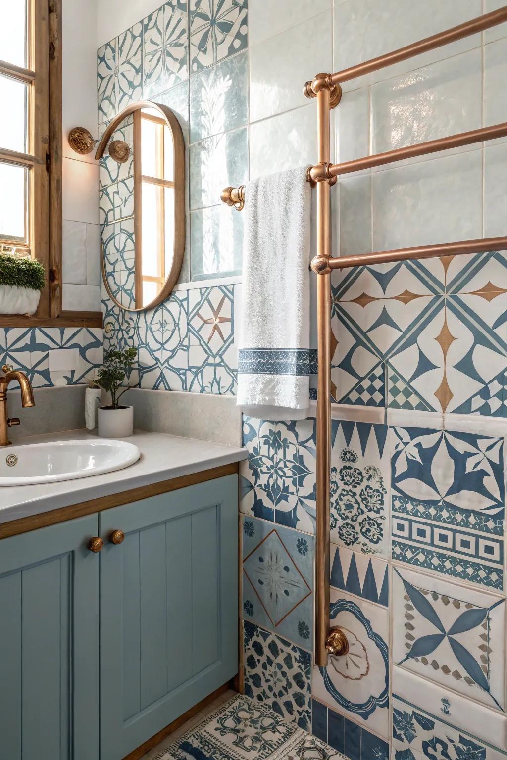 Patterned tiles enhance the appeal of copper elements.