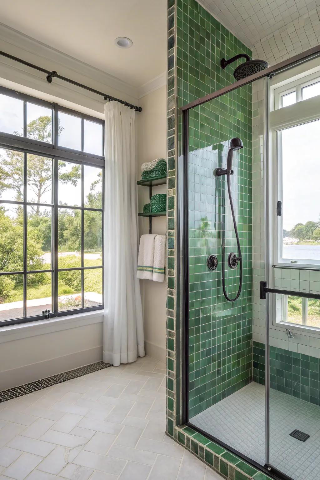 Green accent tiles bring a refreshing and vibrant feel to your shower.