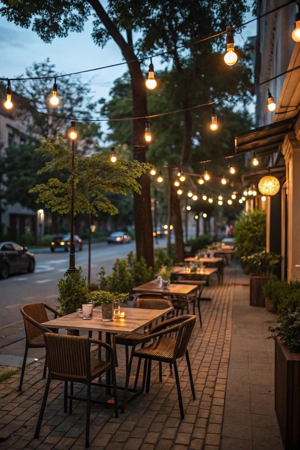 An inviting outdoor dining area with hanging lights.
