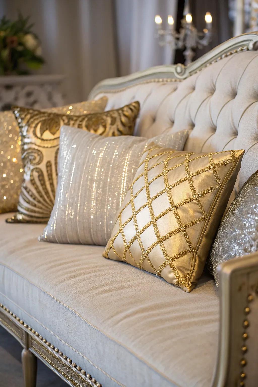 Luxurious pillows add a touch of glamour to the room.