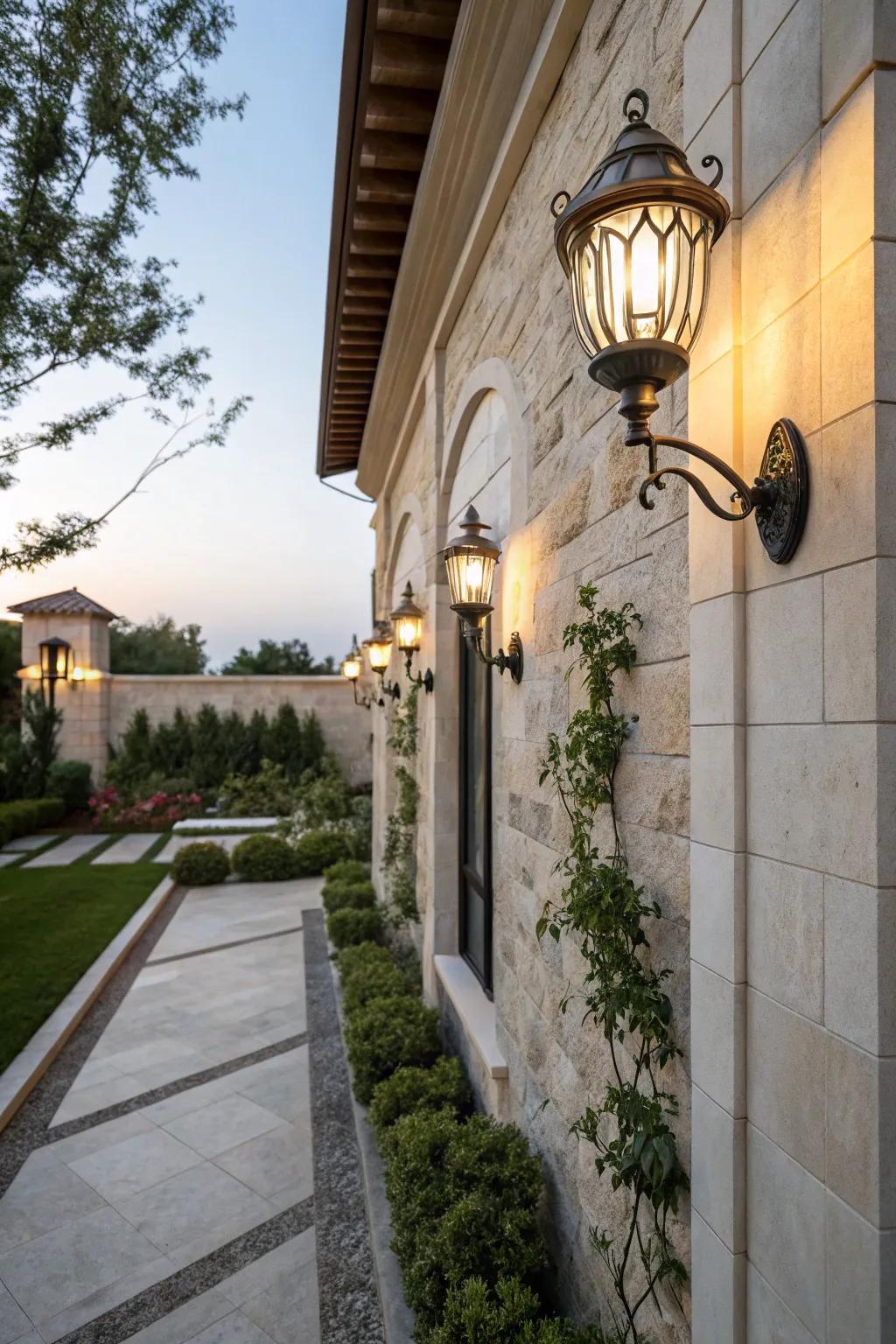 Wall-mounted lights add elegance and safety to the courtyard.