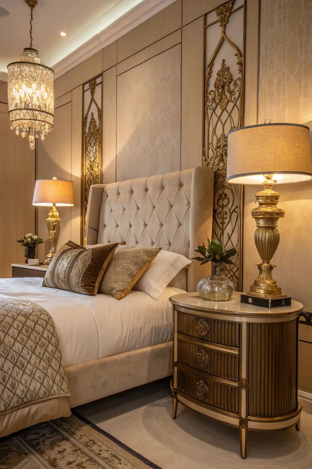 A stylish bedroom with brass accents and a warm, inviting glow.