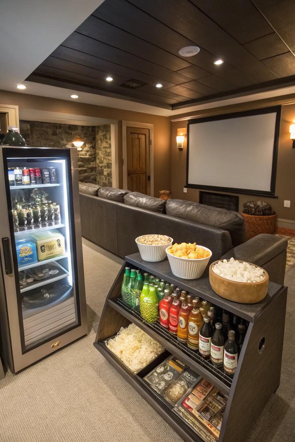 A snack station with a popcorn maker enhances the movie experience.