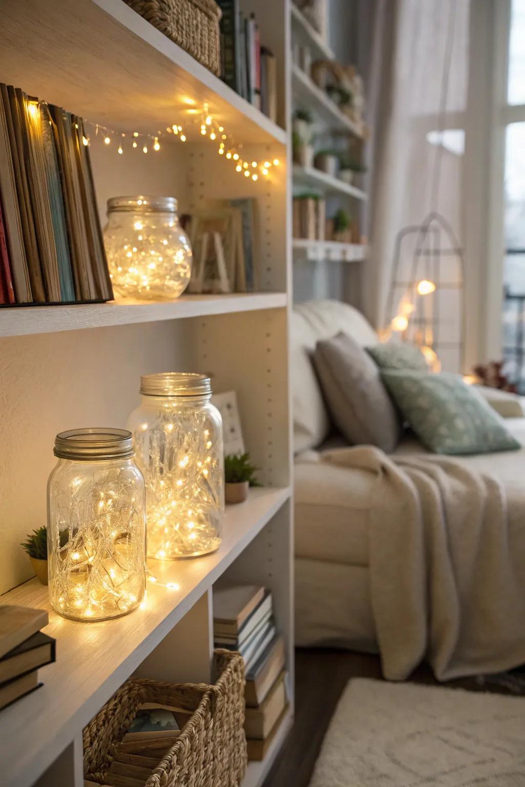 Fairy lights in jars create charming glowing accents.