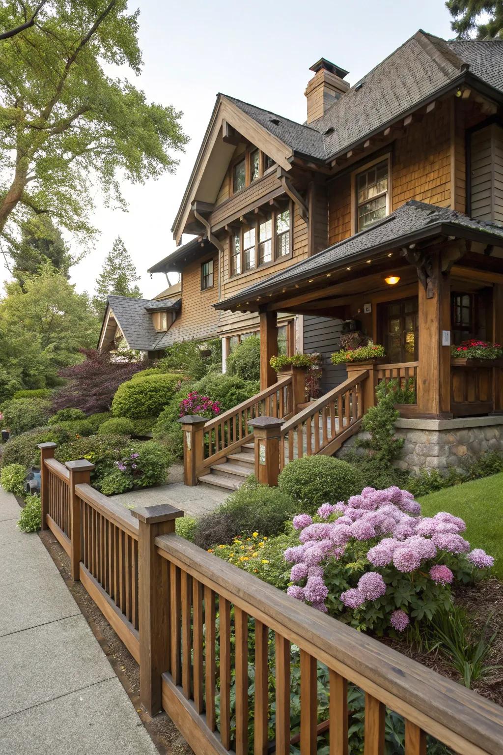 Traditional charm with a classic Craftsman wooden railing.