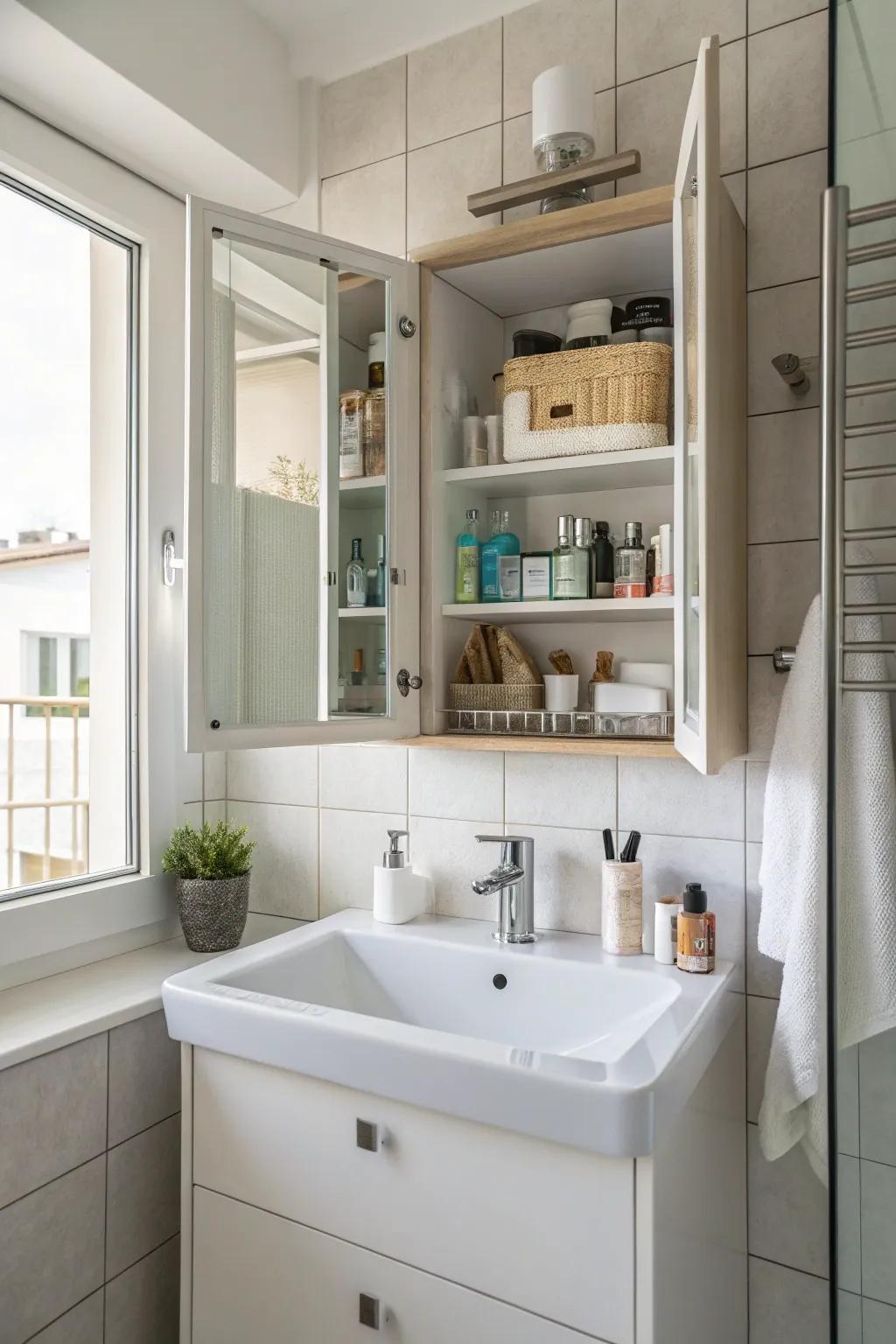 Mirror cabinets elegantly hide clutter behind a reflective surface.