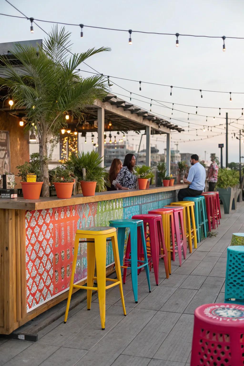 Bright colors add a playful touch to this outdoor bar.